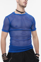 T-shirt gothique pour homme à manches courtes en filet en forme de losange, col rond bleu